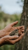 Gentle hands cradling tiny baby bird in natural outdoor setting showing wildlife rescue and compassionate care for vulnerable creatures.
