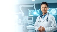 Confident Asian male doctor in white coat with stethoscope standing in modern hospital with digital medical technology interface background.