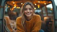 Young Caucasian woman with bright smile wearing mustard knit sweater sitting in car with bokeh lights background, natural beauty lifestyle portrait in warm evening atmosphere.