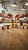 Hands building wooden blocks with lightbulb icons representing creative ideas, innovation and business strategy development in modern office workspace.
