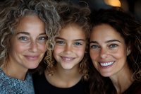 Three generations of women with natural curly hair and bright genuine smiles share intimate family moment. Close-up portrait showcases authentic joy and genetic resemblance.