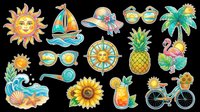 Sunny summer collection with smiling sun face, sailboat, tropical bird, sunglasses, palm trees, pineapple, flamingos, ship wheel, seashells, wave, sunflower, juice glass, and bicycle isolated on transparent background. Ready for t-shirts, stickers, clipart, sublimation, and print-on-demand designs.