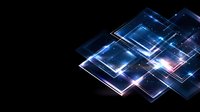 Glowing blue geometric squares with light effects on dark background create futuristic technology concept for business and innovation designs.