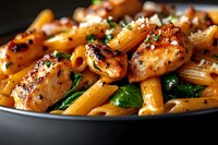 Grilled chicken penne pasta with fresh spinach and herbs in creamy sauce, garnished with parsley. Close up macro food photography of Italian cuisine.