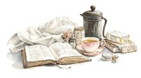 Vintage watercolor composition with open book, antique teacup, coffee pot, pink roses and wrapped parcels on white fabric background. Soft nostalgic mood.