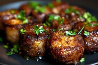 Pan-seared scallops with caramelized crust garnished with fresh chopped chives on dark plate, close up view showing golden-brown sear and glossy sauce.