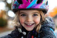Young Caucasian girl wearing colorful safety helmet smiles brightly at camera, showing genuine joy and confidence during outdoor activity. Close up portrait captures authentic childhood happiness.