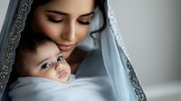 Young Middle Eastern mother in traditional headscarf holding baby wrapped in white fabric, intimate tender moment against soft gray background, gentle natural lighting.