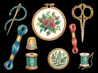Embroidery sewing kit clipart set with hoop, scissors, thread, needle, thimble, isolated on transparent background, ready for t-shirt design, stickers, print on demand.