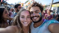 Young diverse couple taking selfie at outdoor festival, smiling with genuine joy while crowd enjoys summer celebration in background. Authentic candid moment.