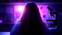 Female scientist with long hair working late in laboratory with microscope, backlit by purple neon lighting creating mysterious research atmosphere.
