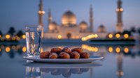Fresh dates and water glass on plate against illuminated mosque at dusk, bokeh lights reflecting on water surface create peaceful Ramadan ambiance.