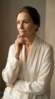 Thoughtful mature Caucasian woman in white robe touching chin in contemplative pose with soft natural lighting for wellness and self-care concepts.