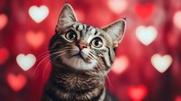Curious tabby cat looking up against red background with heart bokeh lights, Valentine's day themed pet portrait with romantic mood and soft focus effect.