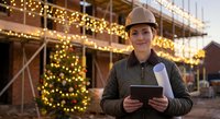 Female construction worker with tablet at illuminated holiday building site with festive lights and decorations during evening hours.