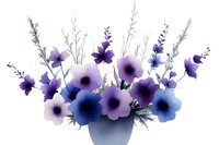 Watercolor purple and blue flower arrangement in vase with delicate botanical elements for spring decor and floral design projects.
