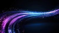 Glowing wave of sparkling particles flowing in dark space, magical purple and blue light trail with bokeh effect and shimmering stardust on black background.