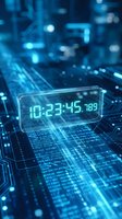 Futuristic digital clock display showing precise time on glowing blue circuit board with data streams and technological interface elements for tech concepts.