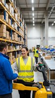 Warehouse workers in safety vests discussing logistics operations with pallet jack in modern distribution center for supply chain management.