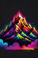 Vibrant mountain peaks in rainbow colors against dark background with colorful clouds, artistic interpretation featuring bold gradients and dynamic color transitions.
