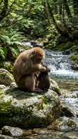 Japanese macaque monkey grooming by mountain stream in lush green forest with moss-covered rocks and flowing water creating peaceful wildlife scene.