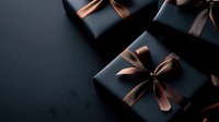 Elegant black gift boxes with copper satin ribbons and bows arranged on dark background creating luxurious holiday or special occasion composition.