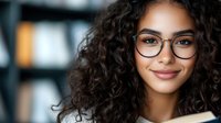 Young mixed-race businesswoman with curly hair and glasses smiling confidently in modern office environment for professional corporate headshot.