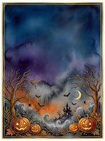 Halloween night scene with carved pumpkins, spooky trees, bats flying under crescent moon and haunted castle silhouette for seasonal decorations and greeting cards.