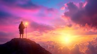 Silhouette of lone traveler with staff standing on mountain peak against dramatic purple and orange sunset sky with glowing sun and clouds.
