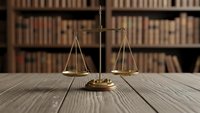 Brass scales of justice on wooden desk with law books in background for legal services and attorney office concepts.