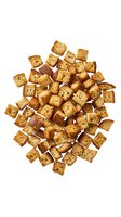 Crispy golden croutons isolated on white background, ready for salad toppings, soups, and culinary design projects.