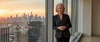 Mature blonde woman in black blazer standing in modern high-rise office with floor-to-ceiling windows overlooking city skyline at sunset, professional business environment.