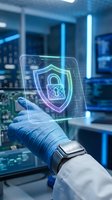 Hand holding holographic cybersecurity shield with padlock in futuristic control room. Digital protection technology concept for data security solutions.