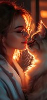 Young woman with round glasses and cat nose-to-nose in warm golden sunset light, creating intimate bonding moment between pet owner and feline companion.