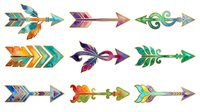 Colorful decorative arrows with geometric patterns, feathers, and ornamental designs in vibrant colors. Isolated vector elements suitable for graphic design, web design, and creative projects.