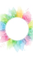 Colorful watercolor splash frame with tropical leaves and white circle space for text on transparent background ready for design projects.