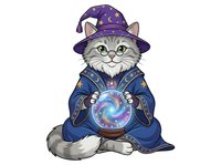 Wizard cat character wearing purple pointed hat and blue robe, holding glowing crystal ball with magical swirl, isolated on white background for design use.