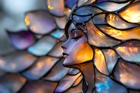Artistic stained glass mosaic depicting female profile with iridescent scales in purple, gold and blue tones creating ethereal lighting effects and magical atmosphere.