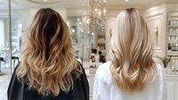 Comparison of two trendy blonde hairstyles showing balayage and platinum blonde techniques in modern salon setting, back view of long wavy hair styling results.