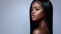 Young woman with dark skin tone and long straight black hair, looking downward in profile against neutral background. Suitable for beauty, cosmetics, and wellness marketing.