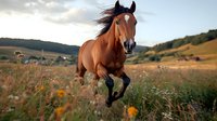 Majestic bay horse galloping through wildflower meadow at sunset, mane flowing in wind against rolling hills landscape, displaying power and freedom in natural setting.