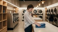 Young Asian woman folding clean laundry at modern self-service laundromat with washing machines and dryers in background for commercial cleaning business.