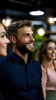 Happy bearded man in navy shirt laughing with friends at modern restaurant or bar. Casual dining, social gathering and friendship concept.