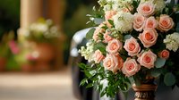 Fresh pink roses and white hydrangeas arranged in elegant bronze vase against blurred background, creating romantic floral composition for wedding or special occasion decor.