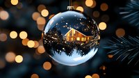 Christmas ornament with cozy cabin scene inside glass ball hanging on evergreen tree with warm bokeh lights creating festive holiday atmosphere for seasonal decor.