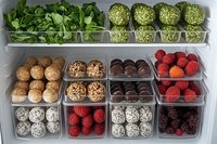 Organized refrigerator storage with fresh greens, assorted energy balls, chocolate truffles, raspberries and berries in clear containers for meal prep and healthy snacking.