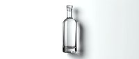 Clear empty glass bottle with cap isolated on white background, casting soft shadow, for beverage branding, packaging mockup design use.