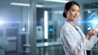 Asian female doctor using holographic medical technology interface in modern hospital laboratory for healthcare innovation and digital medicine research.