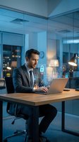 Professional businessman working on laptop with cybersecurity holographic interface in modern office at night for data protection and digital security.