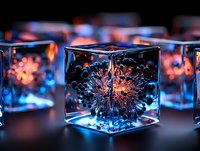 Abstract glowing explosion frozen in transparent cube with blue illumination and orange particles, artistic macro photography on dark background.
